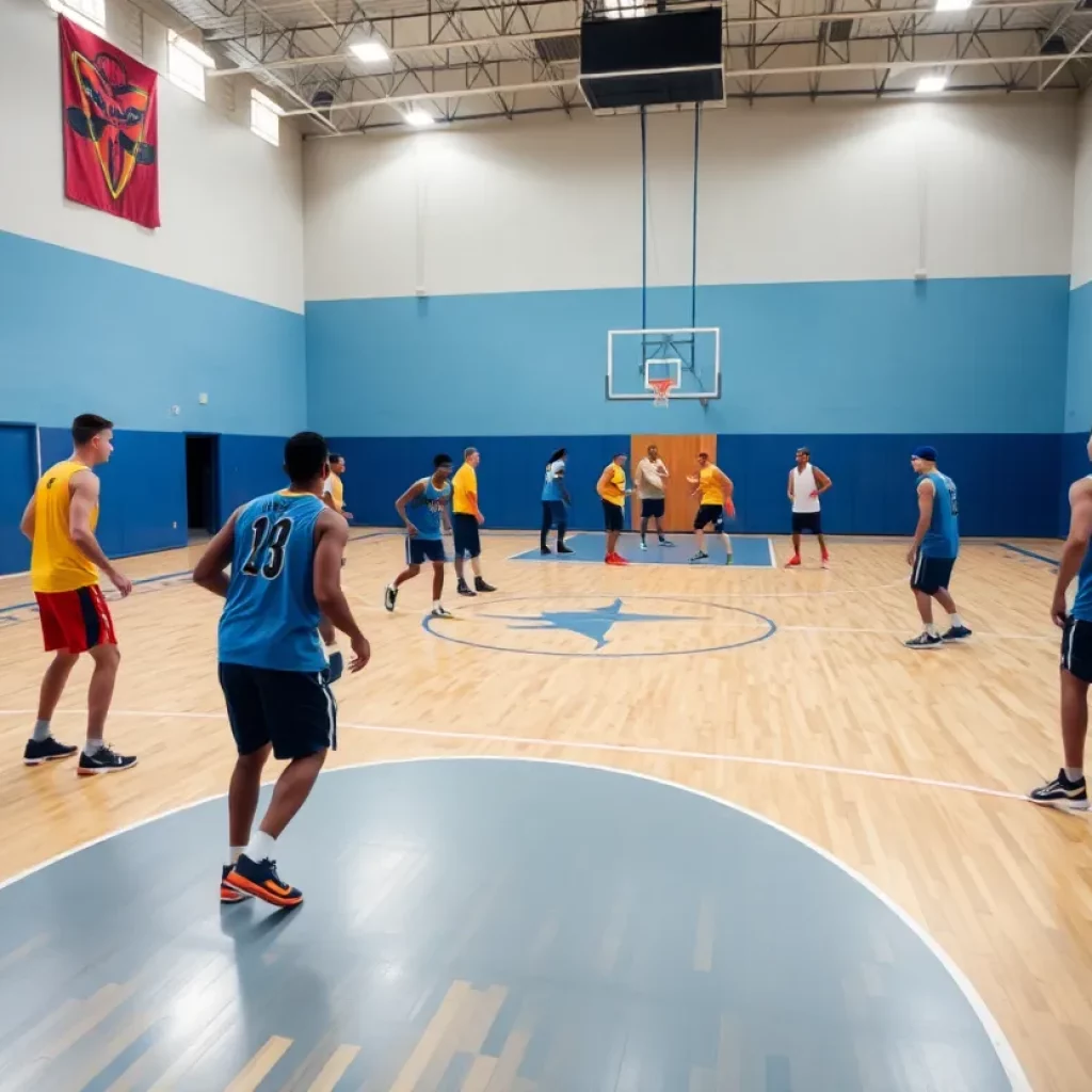 Basketball practice session with players on court