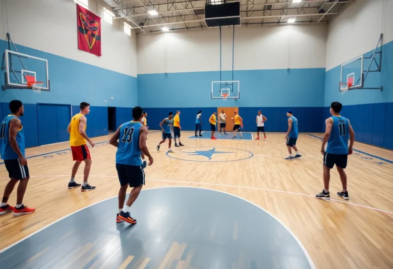 Basketball practice session with players on court