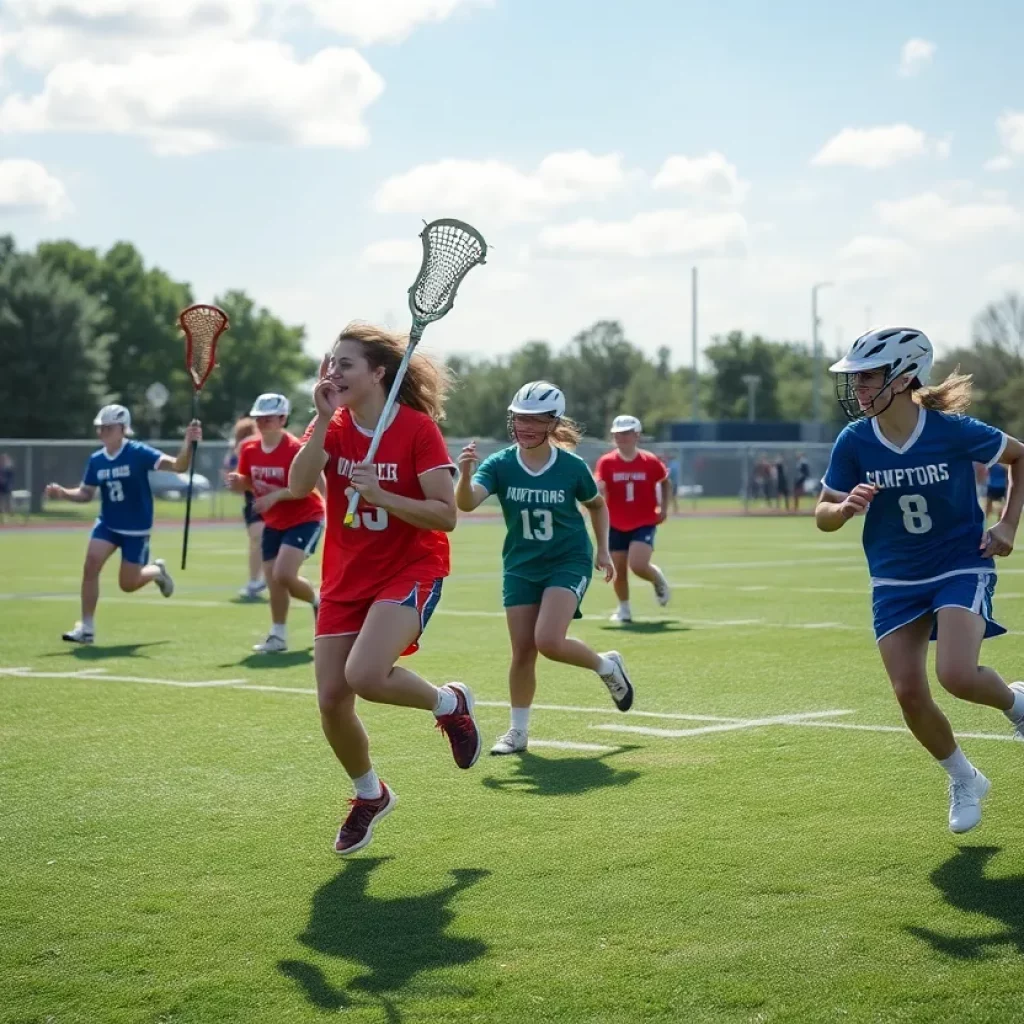 Players in a high school lacrosse game celebrating a championship victory
