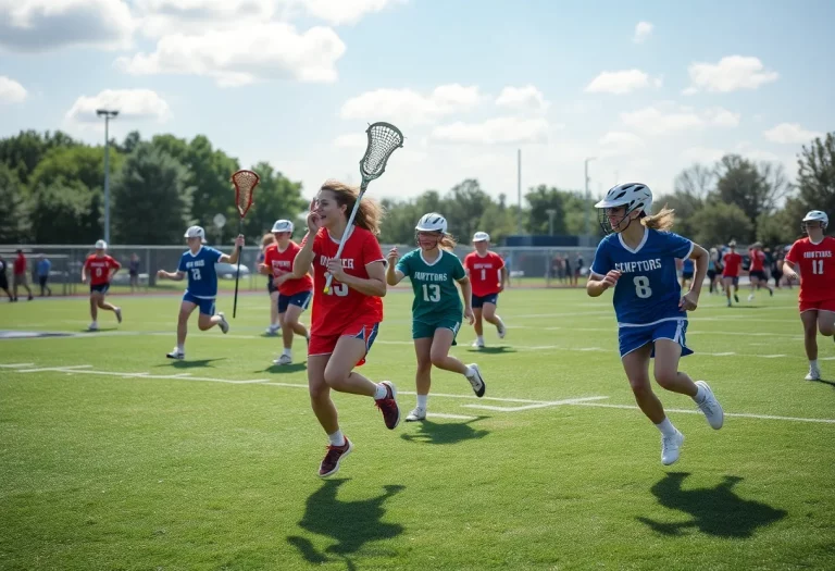 Players in a high school lacrosse game celebrating a championship victory