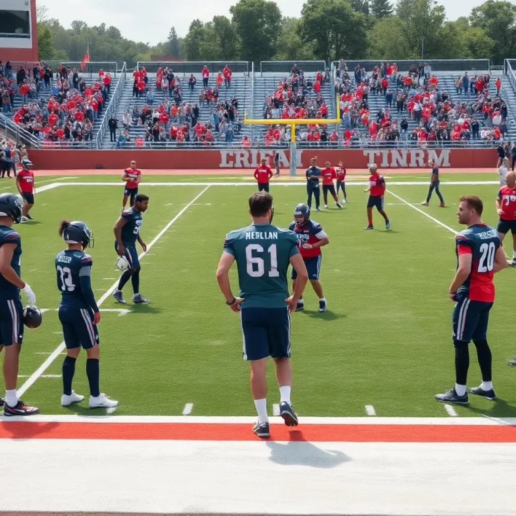 Football players practicing on the field at Oak Hills High School.