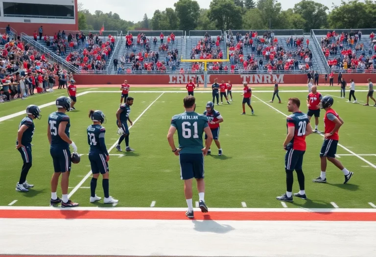 Football players practicing on the field at Oak Hills High School.