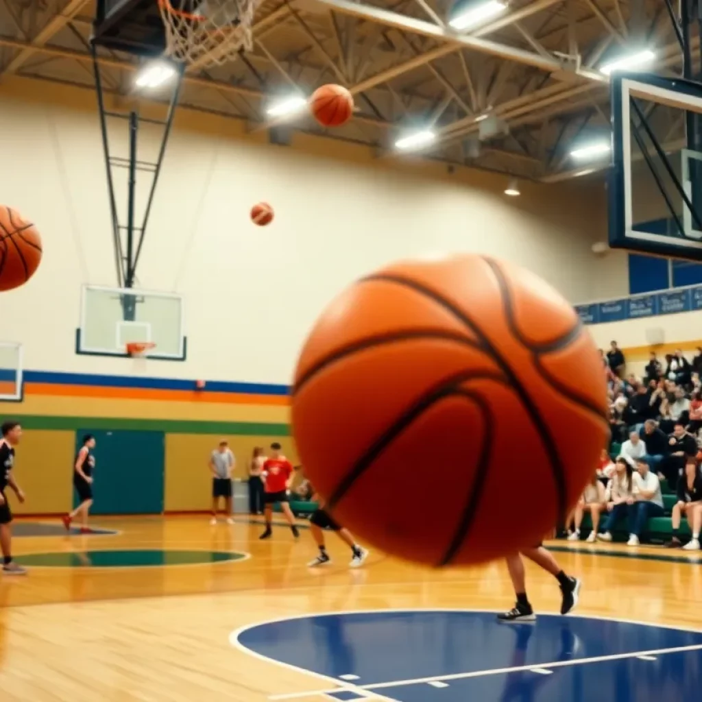 Basketball players practicing in Oak Ridge school gym