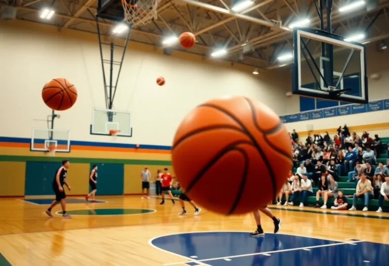 Basketball players practicing in Oak Ridge school gym