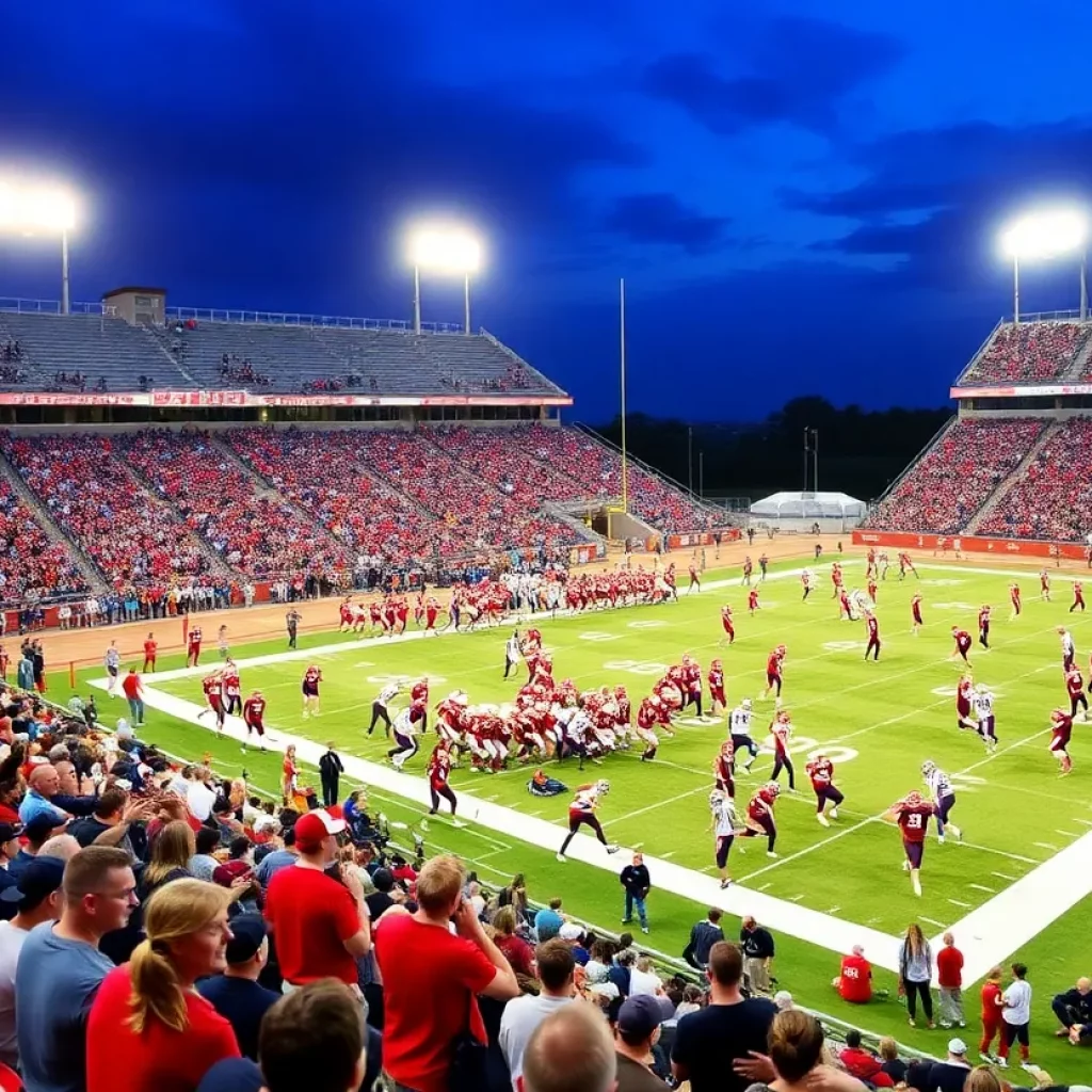 Scene from an Ohio high school football playoff game with players and fans
