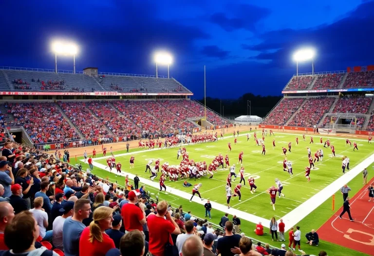 Scene from an Ohio high school football playoff game with players and fans