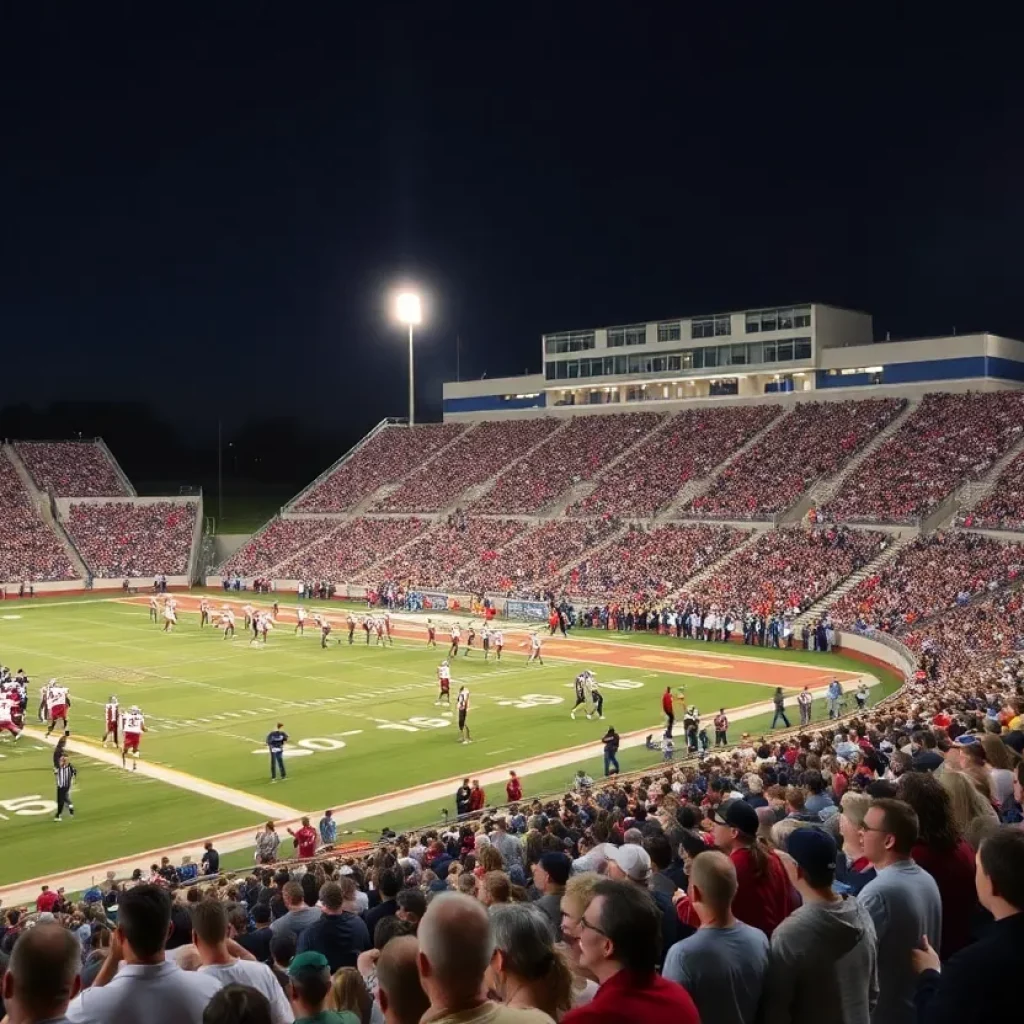 Fans cheering at a high school football game under the lights