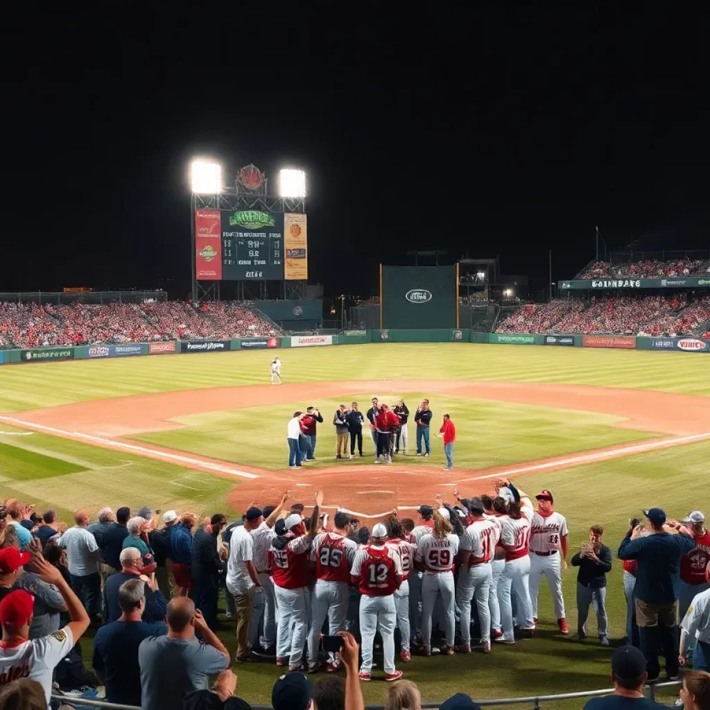 Olentangy baseball team celebrating their state championship win at Canal Park.
