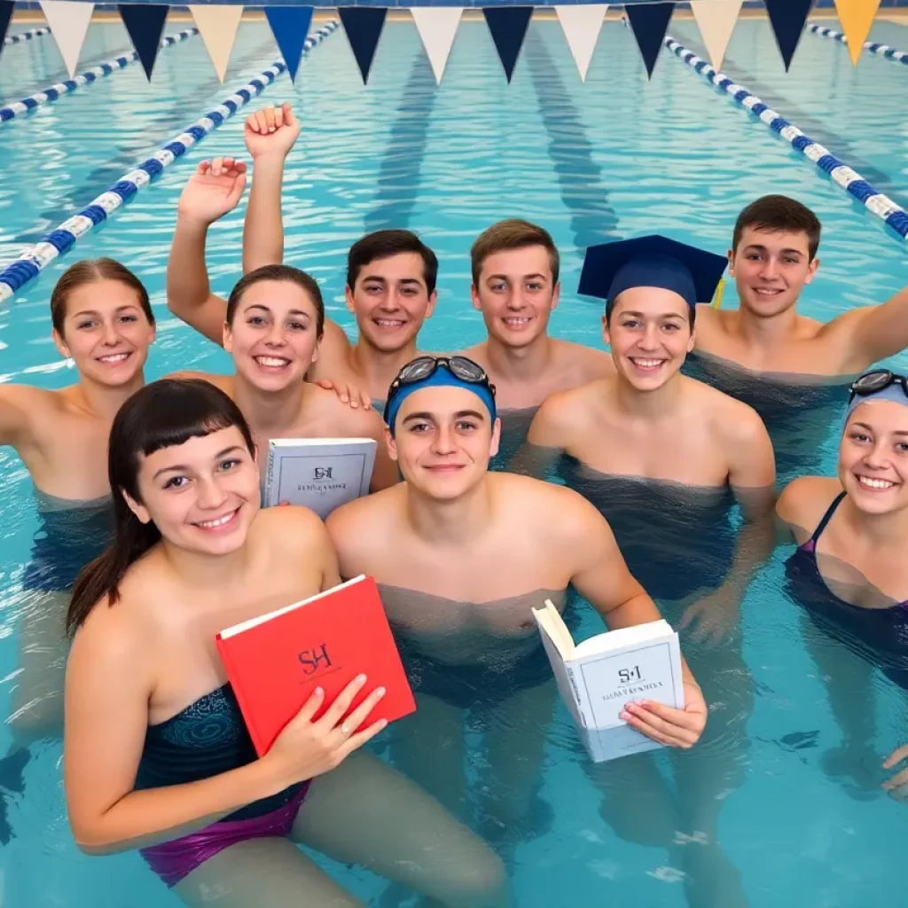 High school swimmers celebrating academic achievements