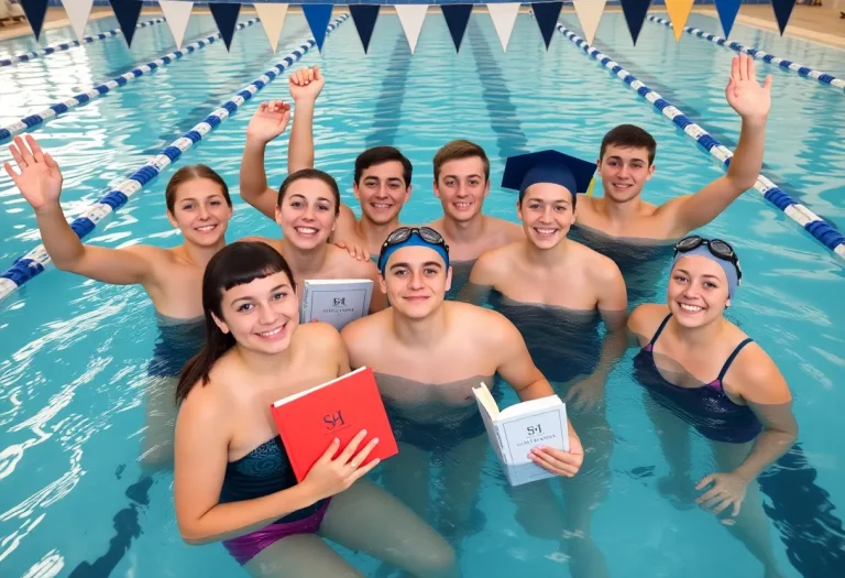 High school swimmers celebrating academic achievements