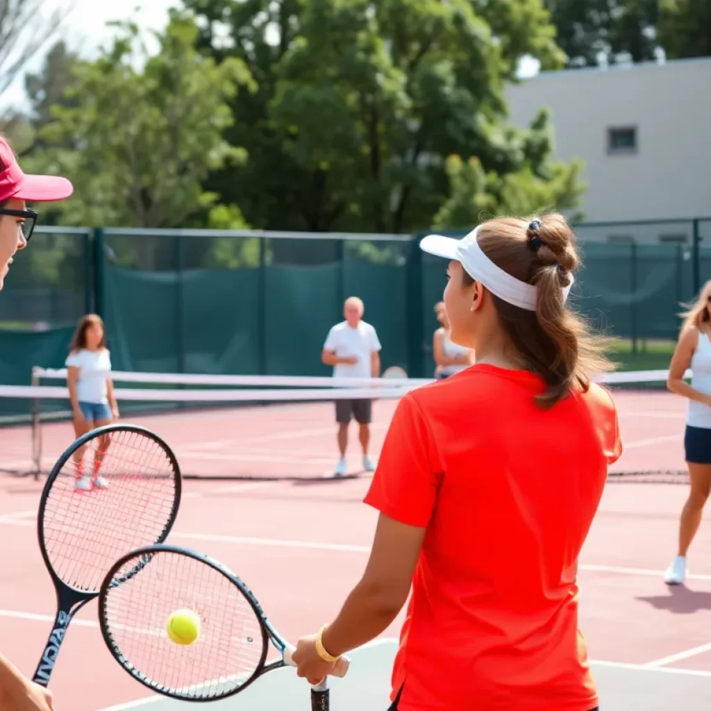 Tennis players practicing on court with supportive community.