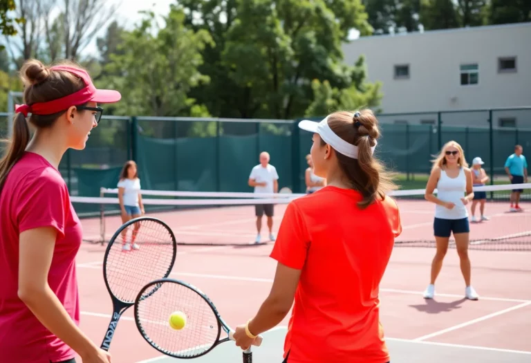 Tennis players practicing on court with supportive community.