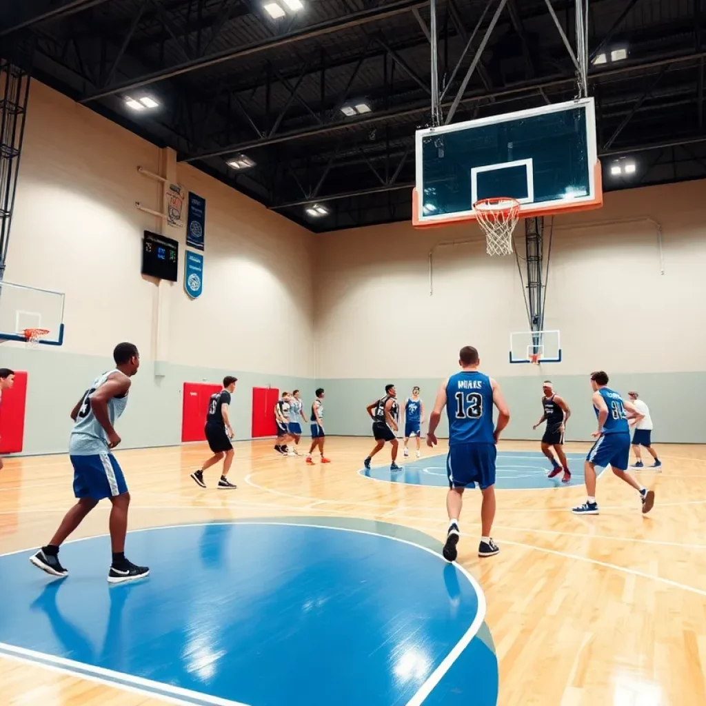 Basketball players on court during a game