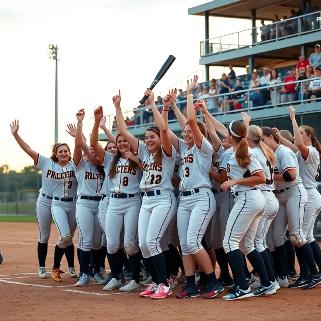 A high school softball team celebrating with joy on the field