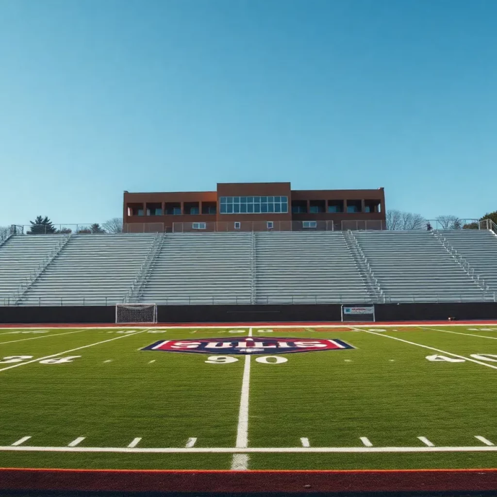 Empty football field at Perry Meridian High School with community spirit