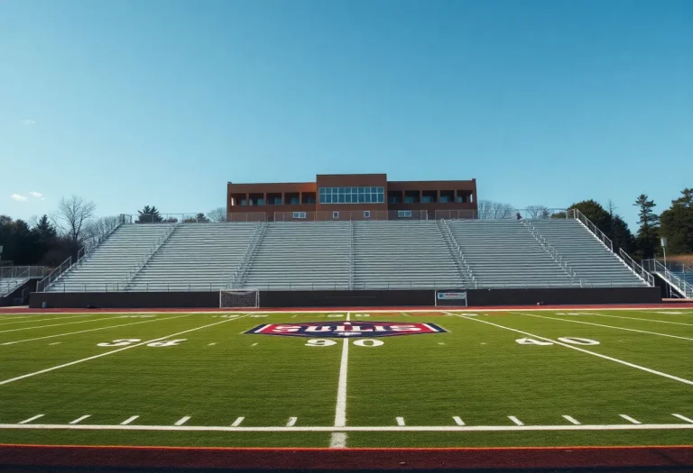 Empty football field at Perry Meridian High School with community spirit