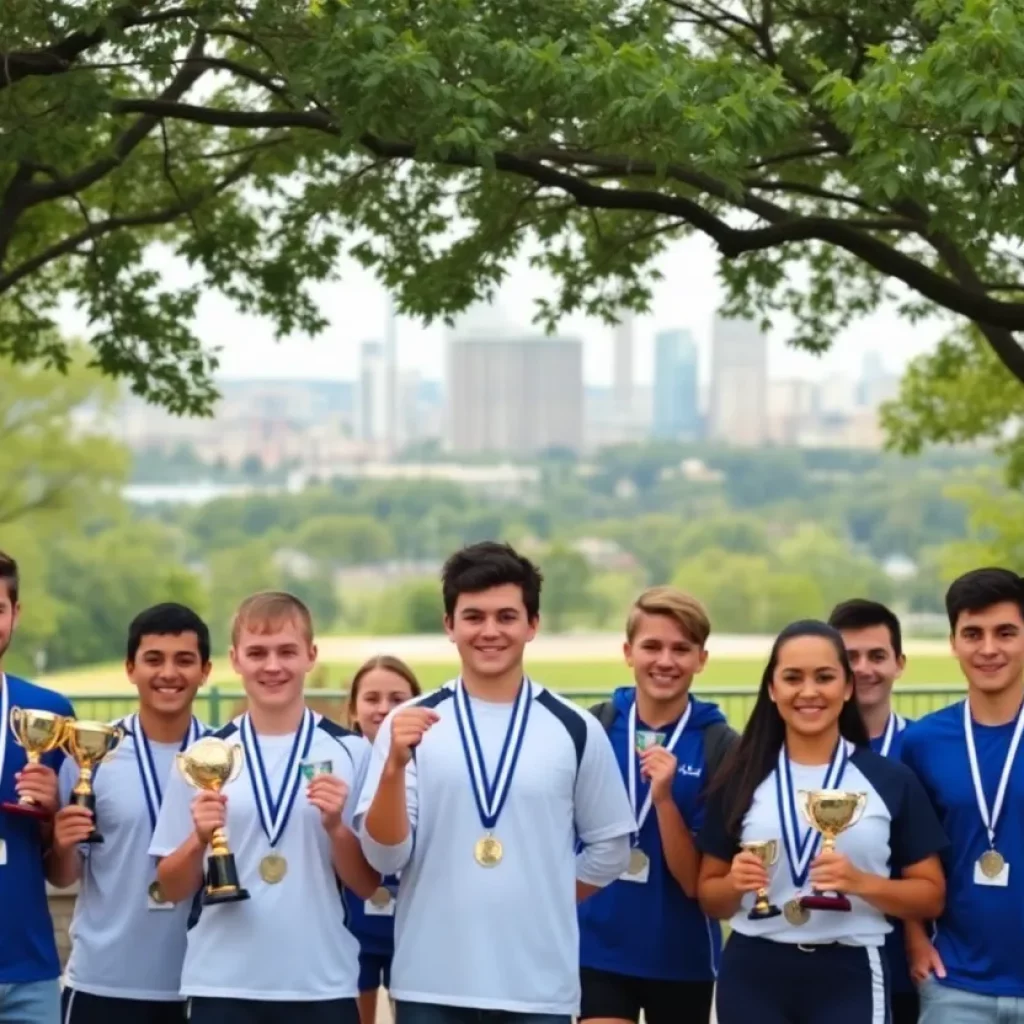 Celebration of athletes from Pipestone Area Schools with trophies