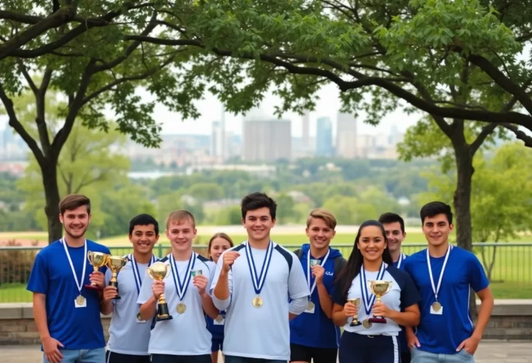 Celebration of athletes from Pipestone Area Schools with trophies