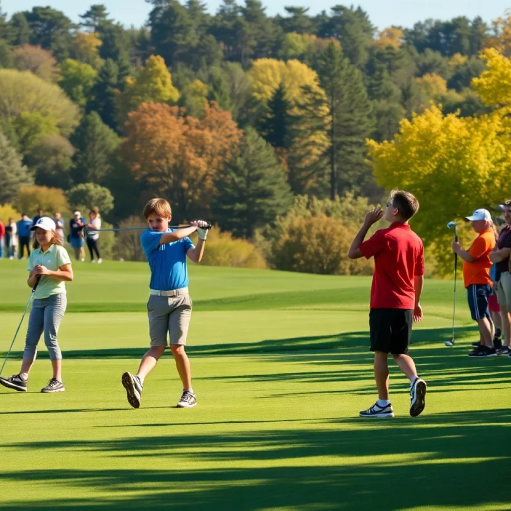 Young golfers practicing on the green at a state tournament.