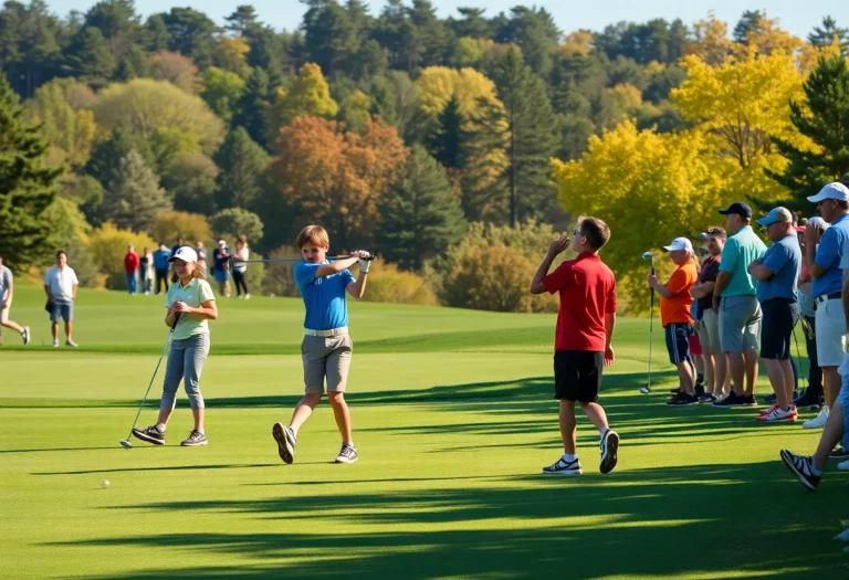Young golfers practicing on the green at a state tournament.