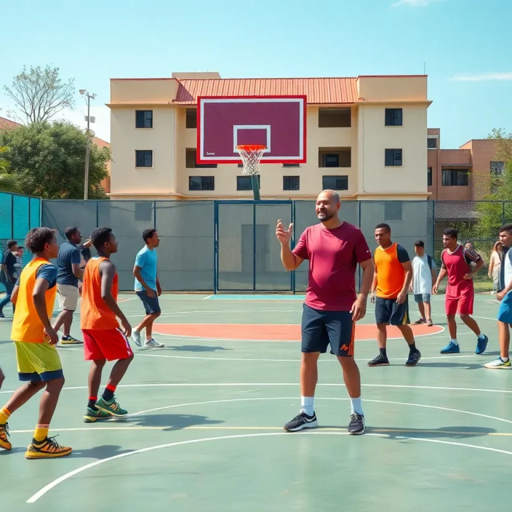 Red Lodge Rams basketball team practicing on the court.
