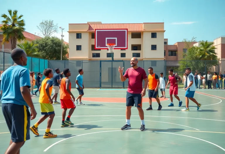 Red Lodge Rams basketball team practicing on the court.