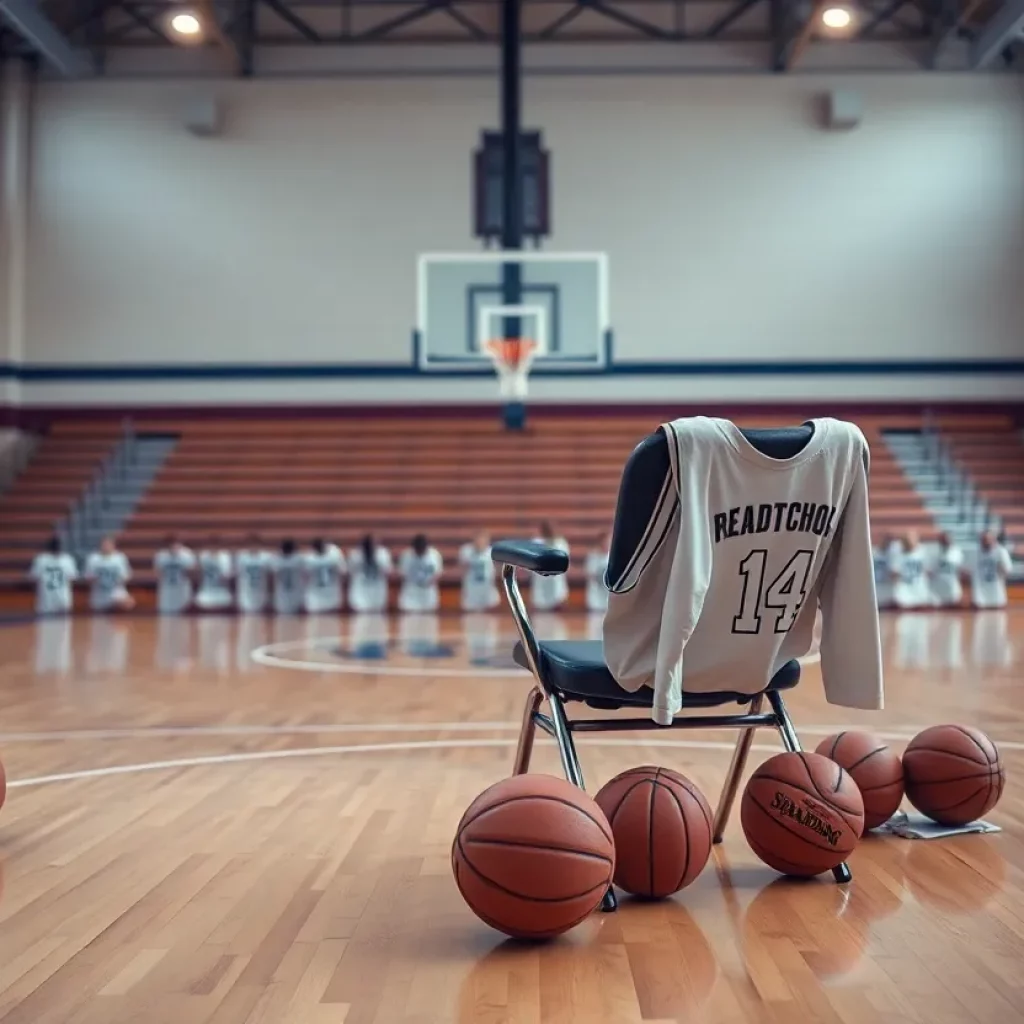 An empty coach's chair on a high school basketball court as a tribute to Jerry Petitgoue.