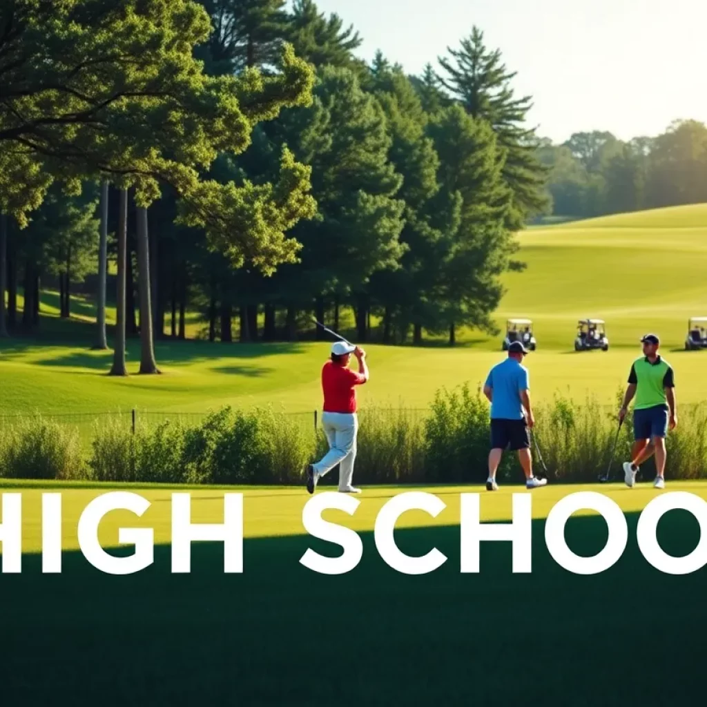 Golfers playing in a high school golf tournament at a scenic golf course.
