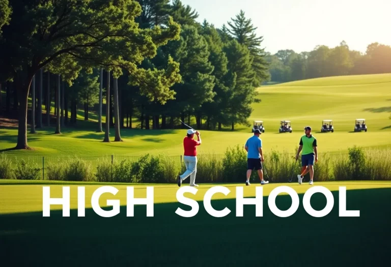 Golfers playing in a high school golf tournament at a scenic golf course.