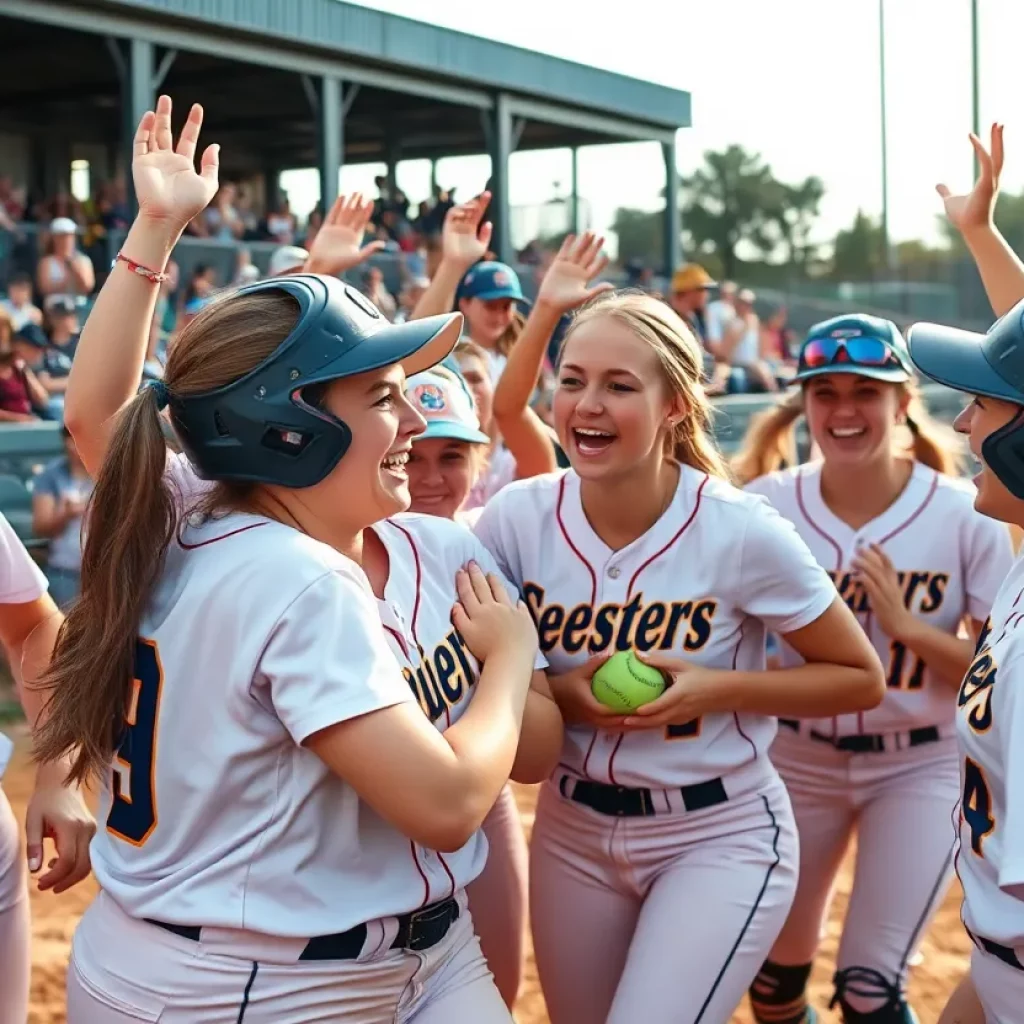 Saline softball players celebrating after winning the state championship