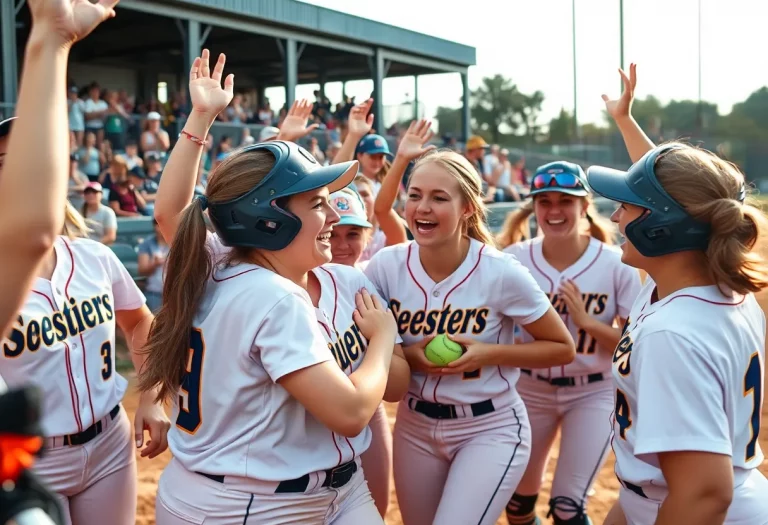 Saline softball players celebrating after winning the state championship