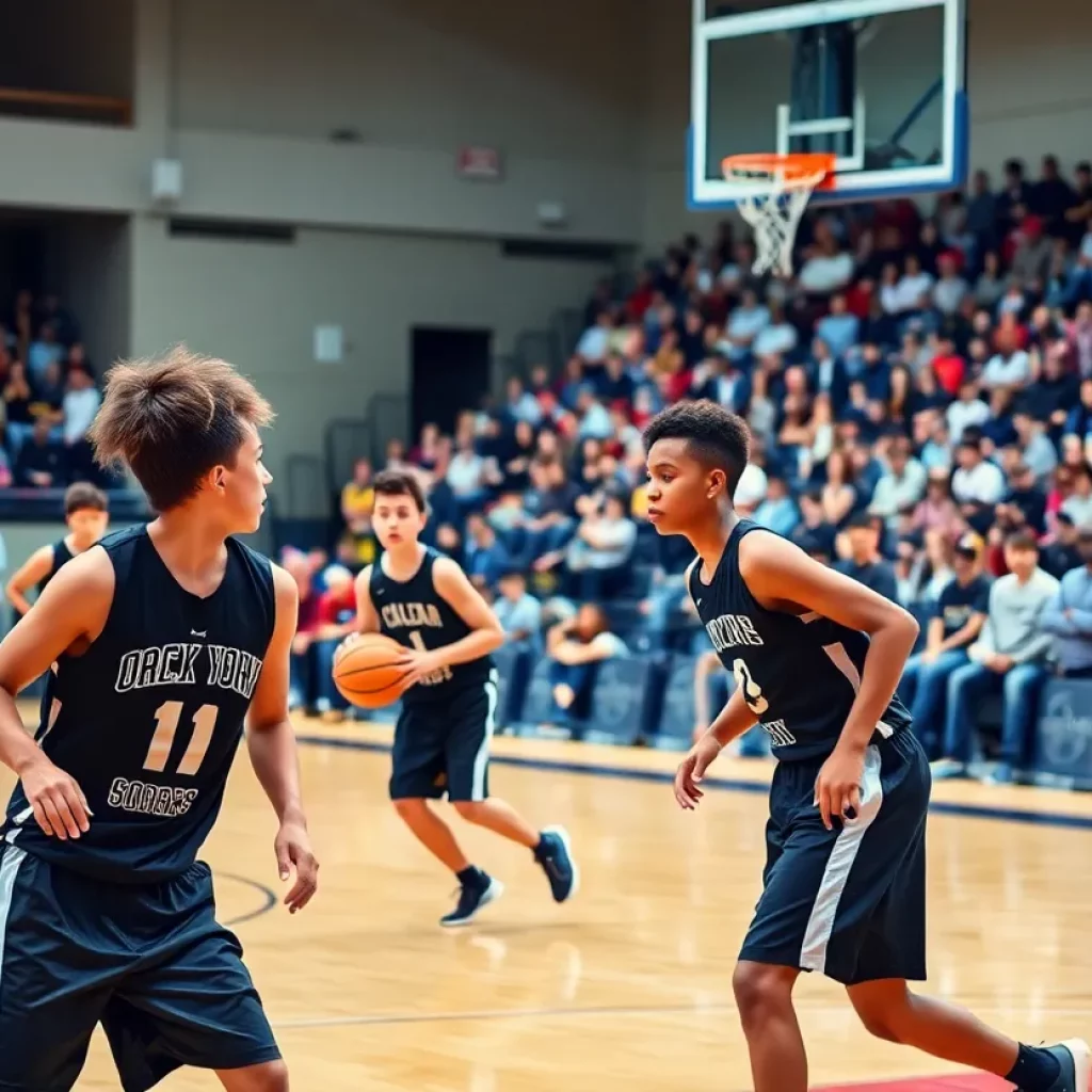 Young basketball players in an intense game at Spire Academy.