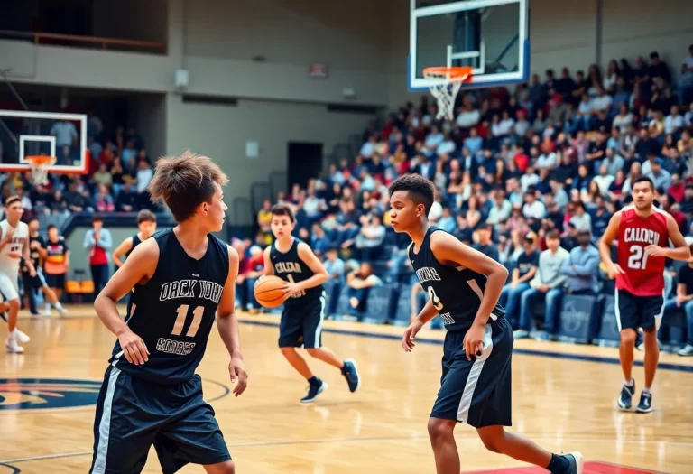 Young basketball players in an intense game at Spire Academy.