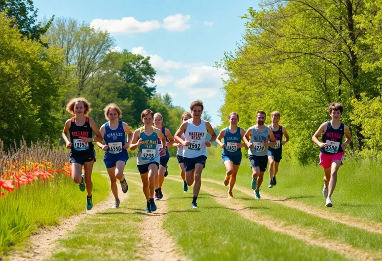 High school cross country runners training outdoors