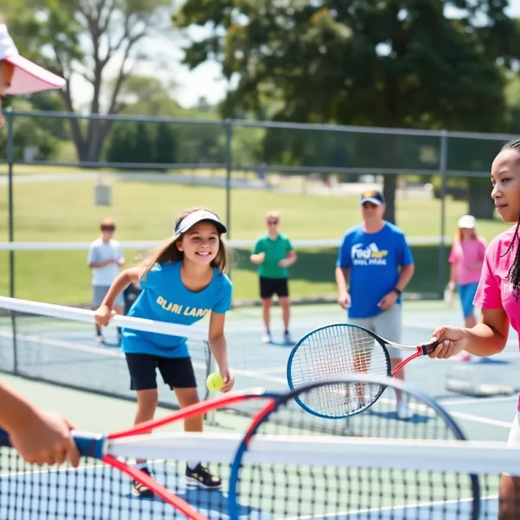 Tennis team supporting Special Olympics athletes at an outdoor event