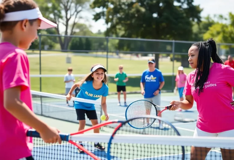 Tennis team supporting Special Olympics athletes at an outdoor event