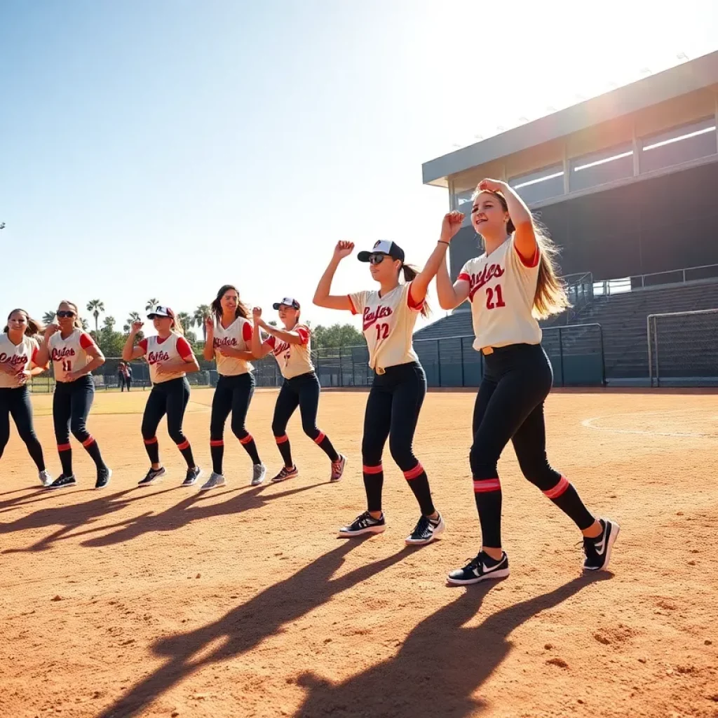 High school softball team practicing on the field