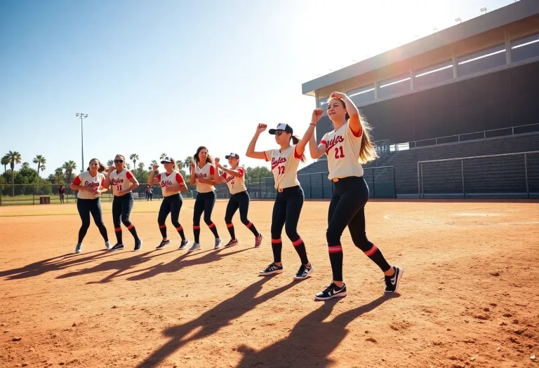 High school softball team practicing on the field