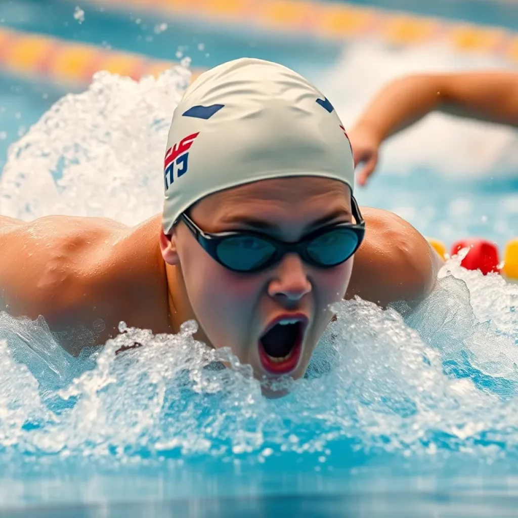 Young swimmer competing in a championship race, showcasing dynamic movement in water.