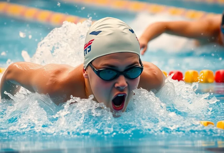 Young swimmer competing in a championship race, showcasing dynamic movement in water.
