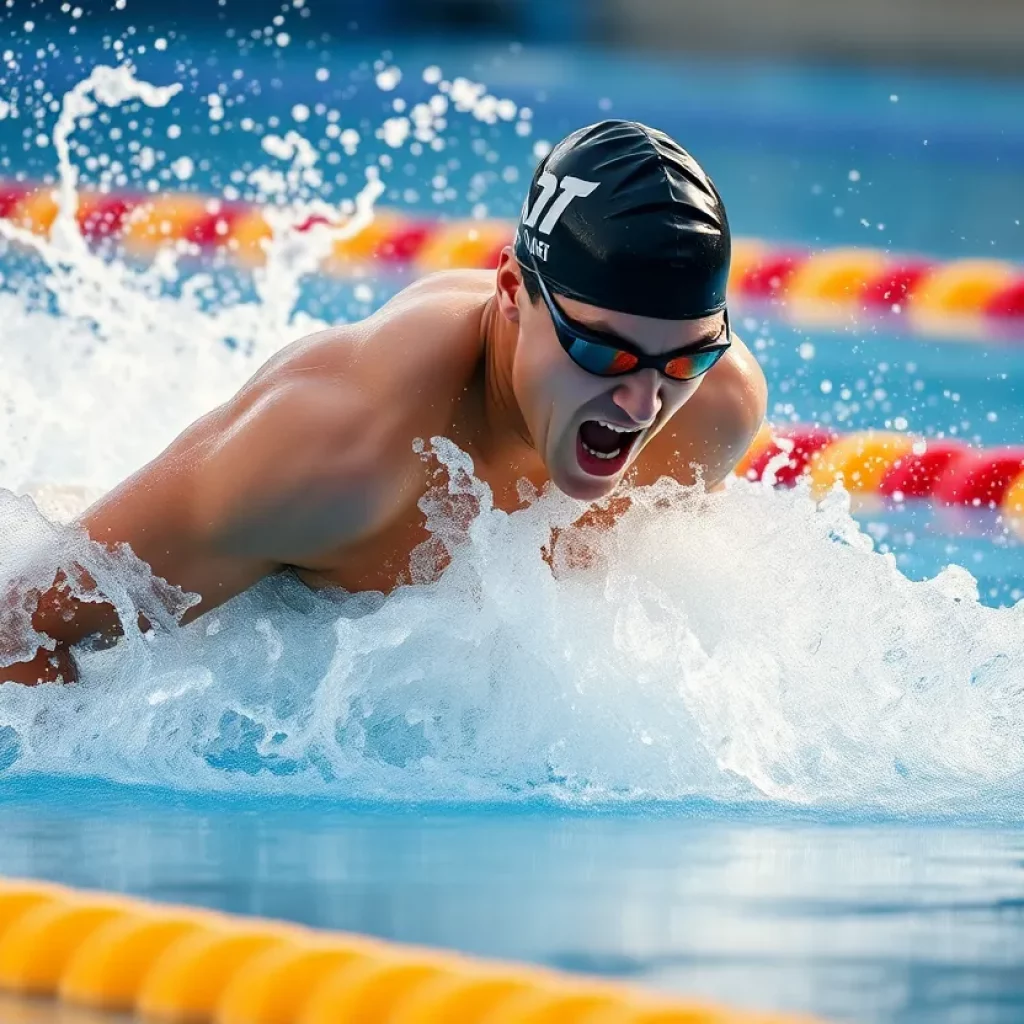 Swimmer in action breaking a record during a 200m breaststroke race.