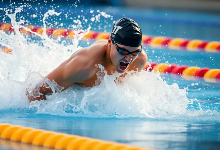 Swimmer in action breaking a record during a 200m breaststroke race.