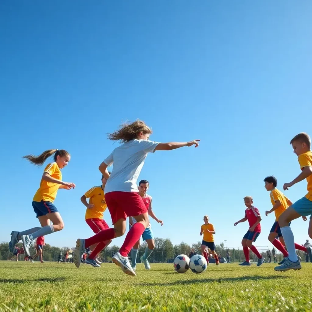 Players from Siouxland high schools playing soccer on a field