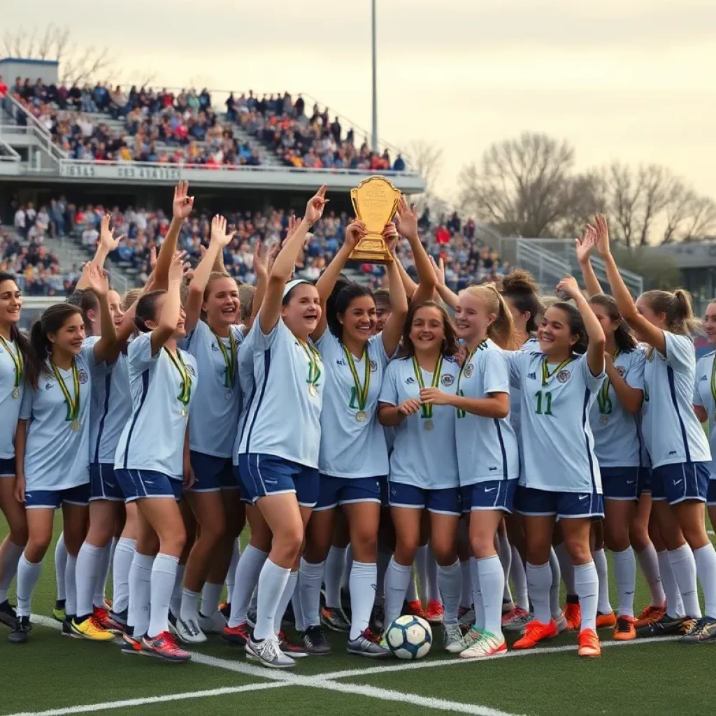 Young athletes celebrating a soccer championship victory on the field.