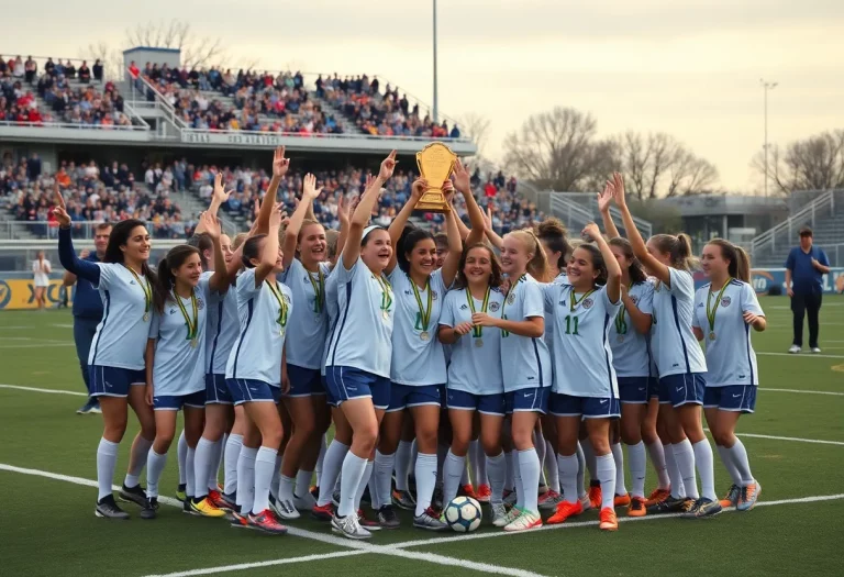 Young athletes celebrating a soccer championship victory on the field.