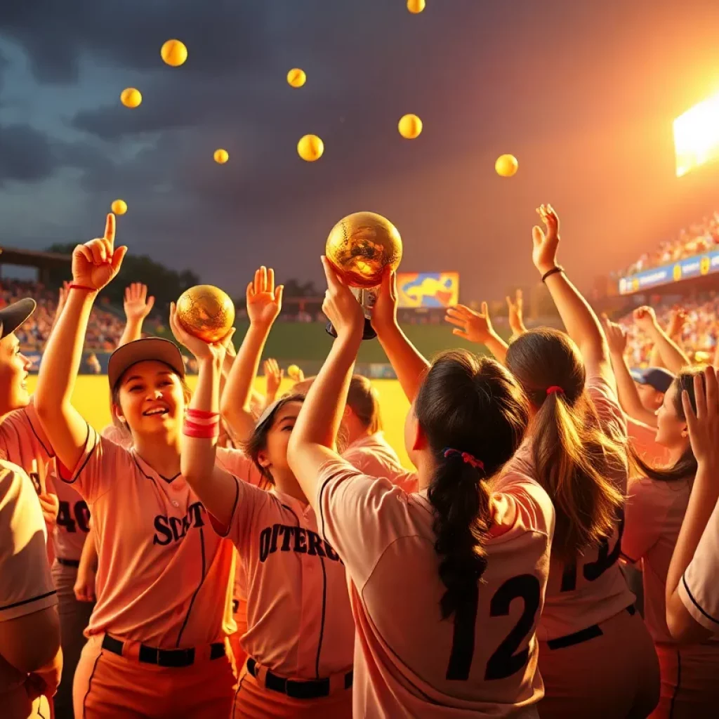 Players celebrating their state softball championships in Indianapolis, filled with joy and excitement.