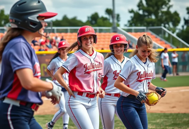 Softball players in a heated game during a state championship.