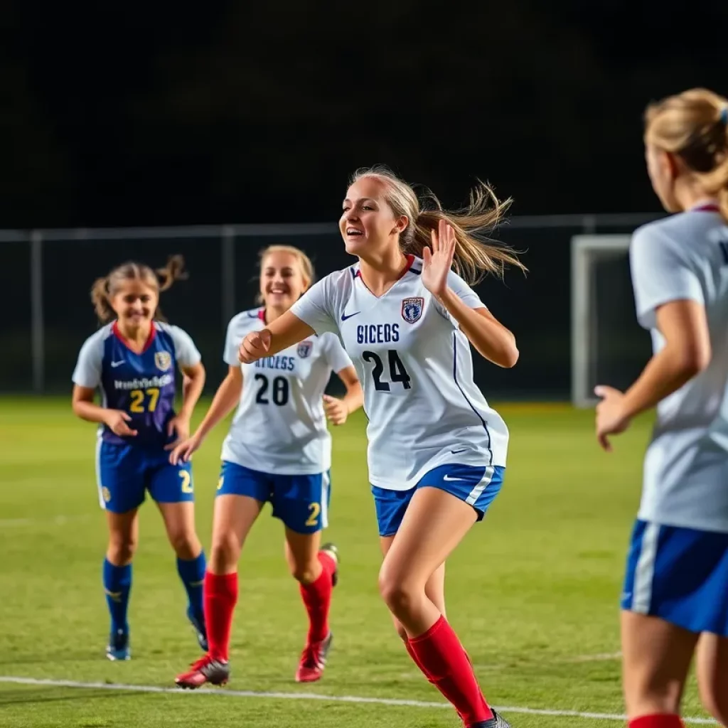 High school soccer team celebrating a victory