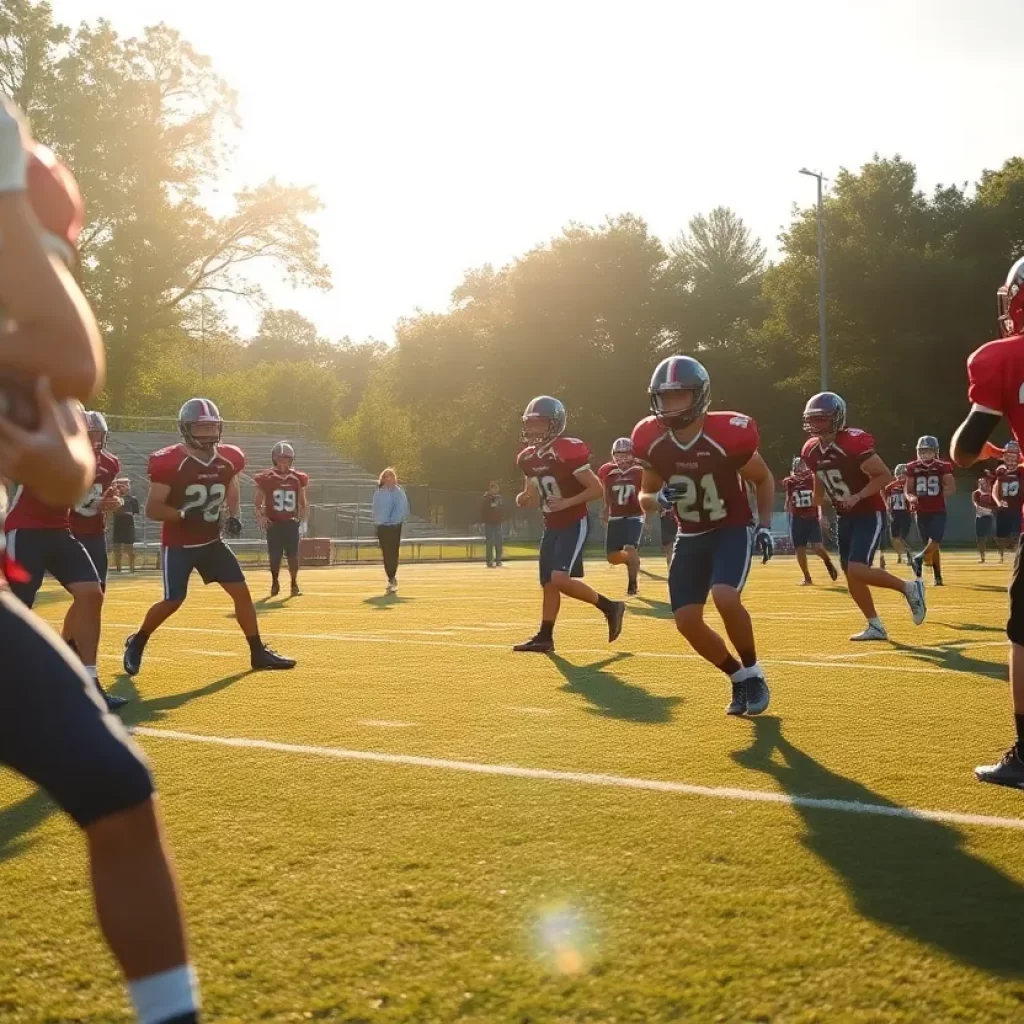 High school football team practicing on a sunny day