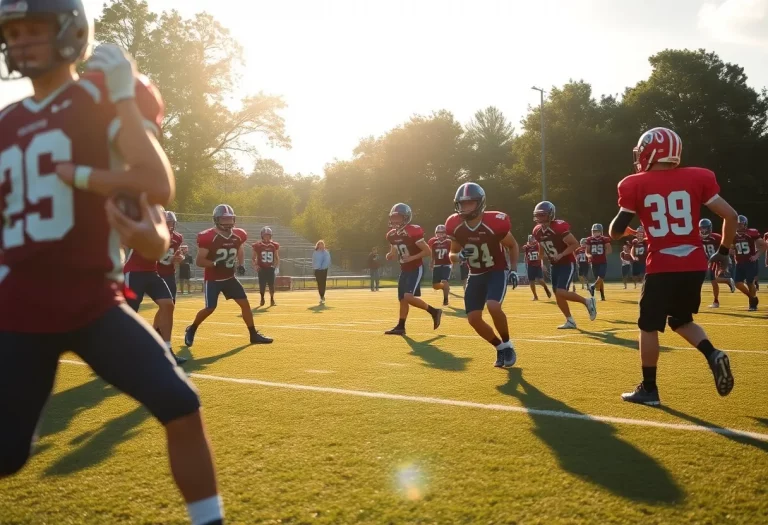 High school football team practicing on a sunny day